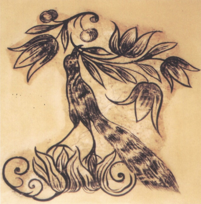 Gaai met pauwenveren – muurschildering in de Berg van Barmhartigheid